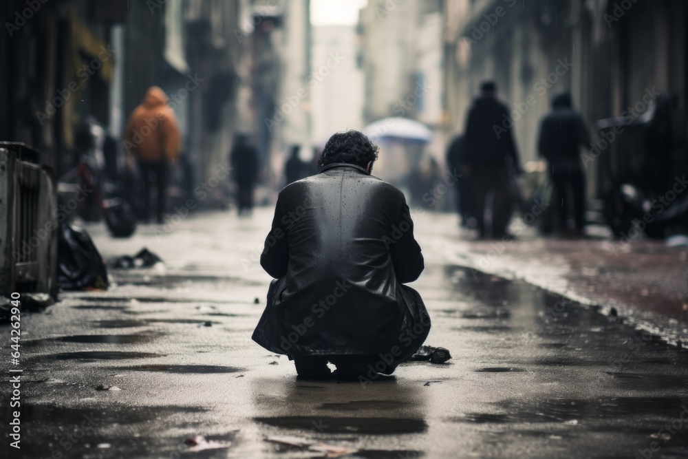 Obraz premium Emotive image of a kneeling male aged 20 praying in the street