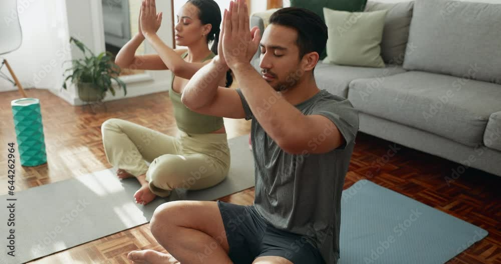 Yoga, meditation and couple with peace, home and training with exercise, breathing and mental health. Lounge, man and woman with workout, stress relief or fitness with chakra balance, zen or wellness