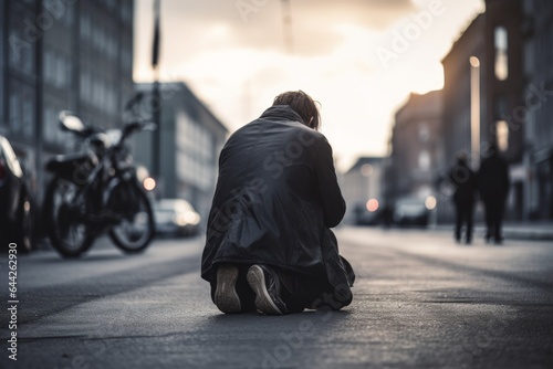 Expressive shot: a kneeling male aged 20 praying in the street, appearing homeless