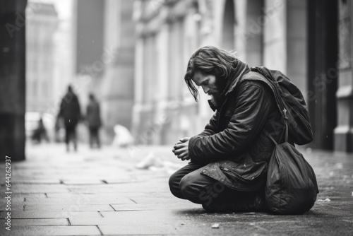 black and white Intimate portrayal of a kneeling male aged 20 praying in the street, appearing homeless