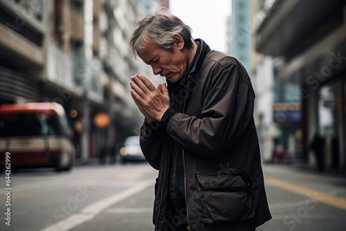 Intimate portrayal of a standing male aged 50 praying in the street