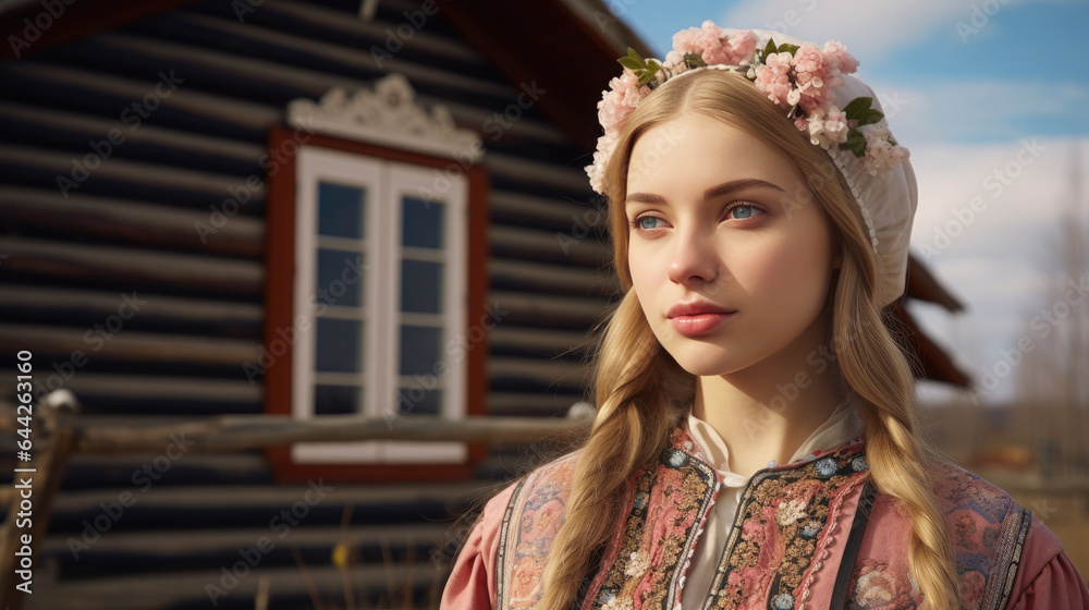 Generative AI, beautiful girl, young woman in traditional Slavic dress, Russian sundress, wooden village house, country life, portrait of a Russian girl, big eyes
