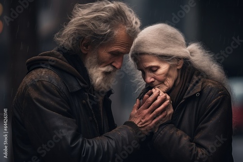 a standing couple aged 80 praying in the street, appearing homeless