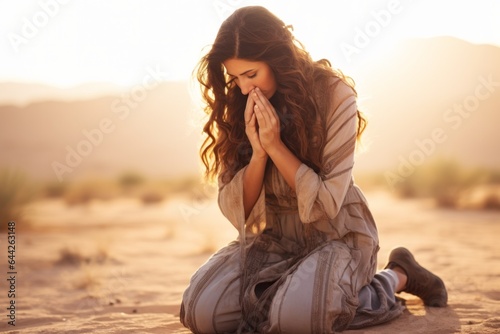 Capturing a moment: a standing female aged 30 praying in the desert