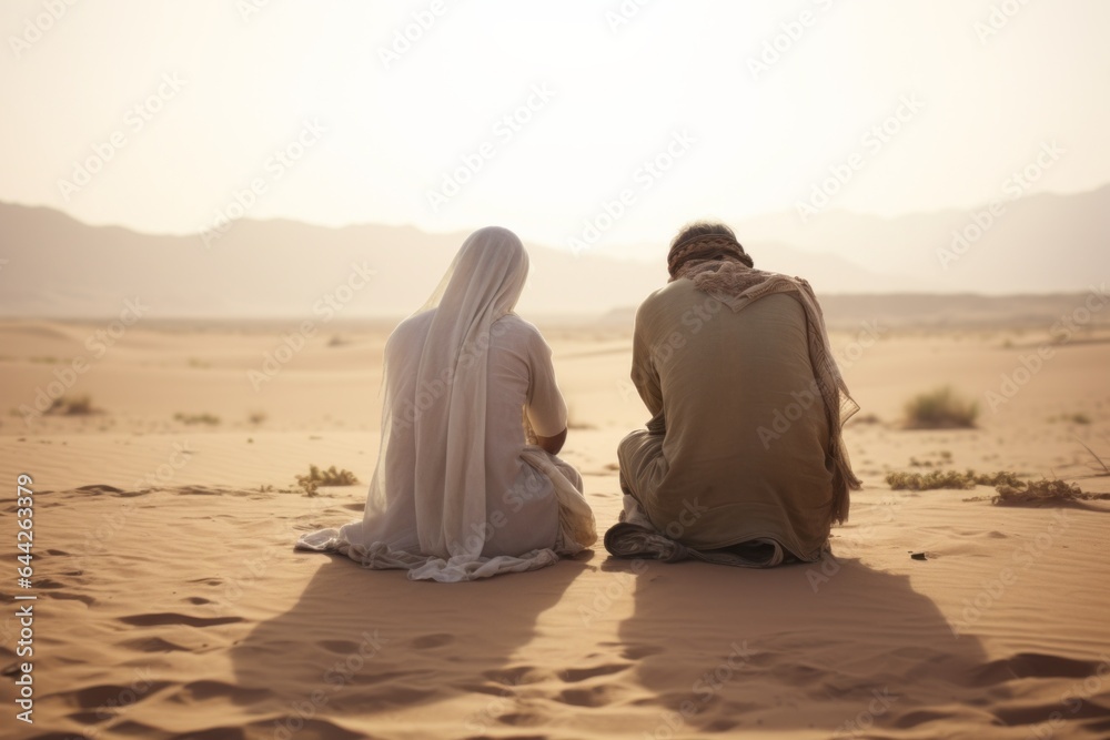 Expressive shot: a seated couple aged 50 praying in the desert