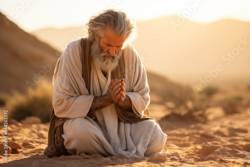 a seated male aged 65 praying in the desert