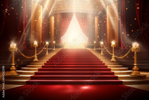 Glamorous Bollywood stage with a shining red carpet, maroon steps, spotlights, and a golden royal awards background. Elegant, modern, and premium design template for certificates,. Generative AI