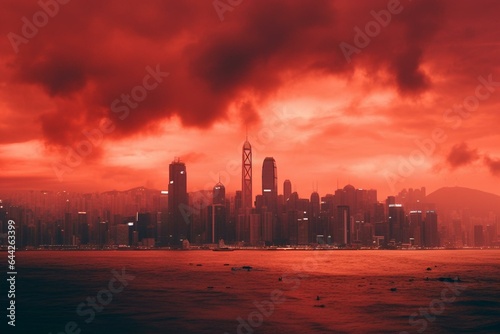 Vibrant Hong Kong skyline in red. Generative AI