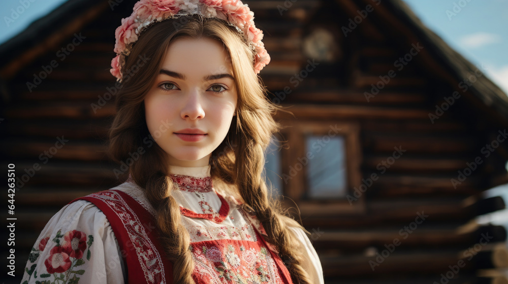 Fototapeta premium Generative AI, beautiful girl, young woman in traditional Slavic dress, Russian sundress, wooden village house, country life, portrait of a Russian girl, big eyes
