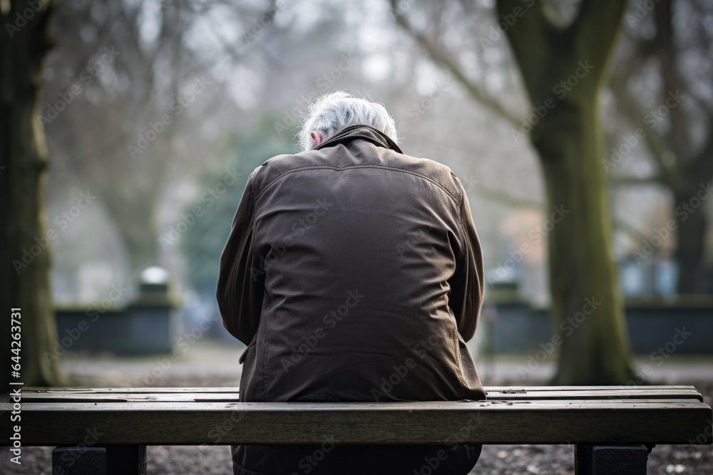 Capturing a moment: a standing male aged 80 praying on a bench in a public park