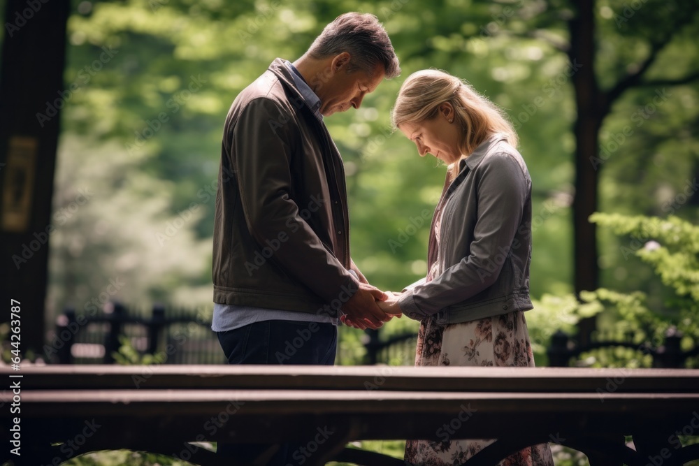 Capturing a moment: a standing couple aged 50 praying on a bench in a public park Capturing a moment: a standing couple aged 50 praying on a bench in a public park