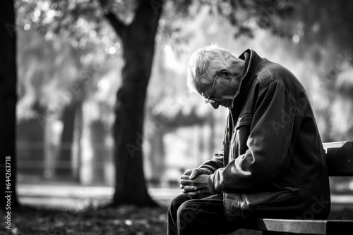 Black and white photography Capturing a moment: a seated male aged 80 praying on a bench in a public park