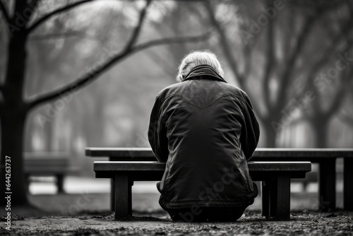 Black and white photography of a kneeling male aged 80 praying on a bench in a public park