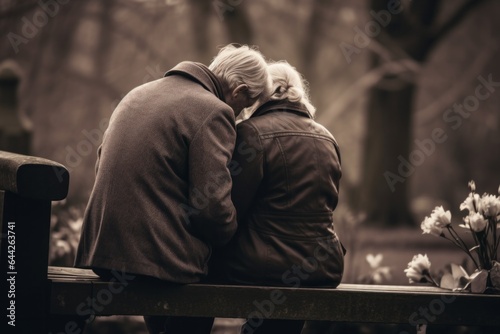 Black and white photography of an Emotive image of a kneeling couple aged 65 praying on a bench in a public park