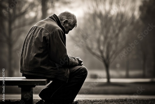 Black and white photography of an Emotive image of a kneeling male aged 80 praying on a bench in a public park