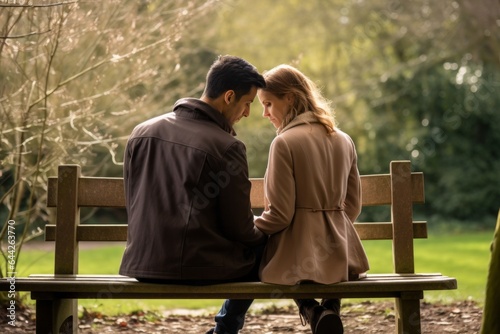 a seated couple aged 30 praying on a bench in a public park