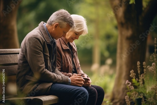 Expressive shot: a seated couple aged 50 praying on a bench in a public park