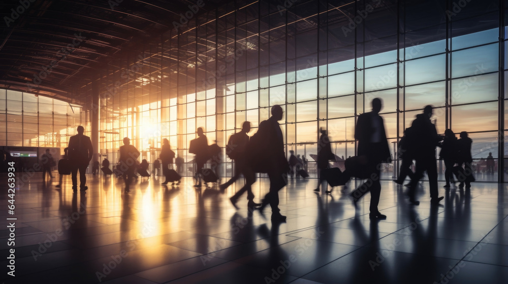 A profusion of business persons sweeping through a congested airport, their silhouette casting an imposing sight on the departure hall floor.