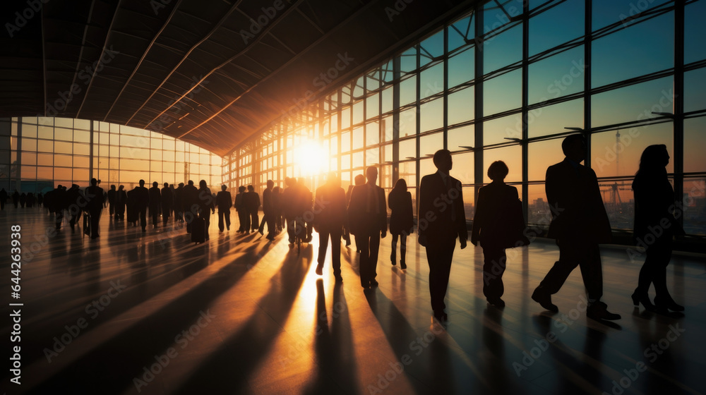 A sea of somber silhouettes of a corporate crowd, navigating their way through the lively atmosphere of an airport, symbolizing travels in the corporate world.