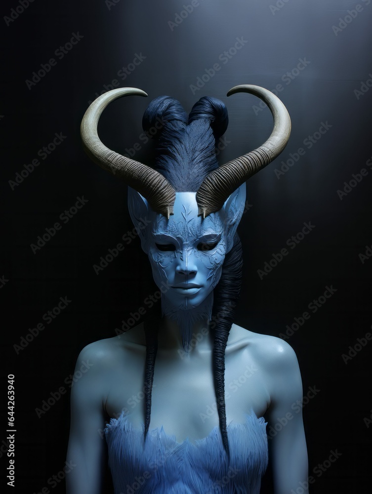 Horned Woman with Blue Skin, Sci Fi Alien Humanoid Creature or Sad ...