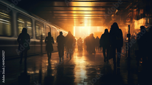 The underground platform drowned in the sea of silhouettes during peak hours, creating a bustling scene viewed from the top.