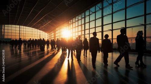 A sea of somber silhouettes of a corporate crowd, navigating their way through the lively atmosphere of an airport, symbolizing travels in the corporate world.