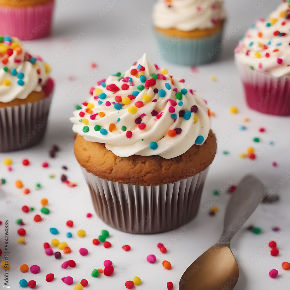Cupcake, with fluffy cake, creamy frosting, and colorful sprinkles on top.