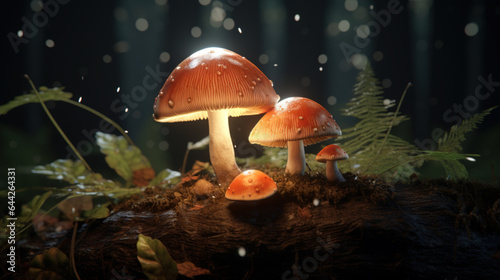 Three toadstools in the night forest. Autumn illustration.
