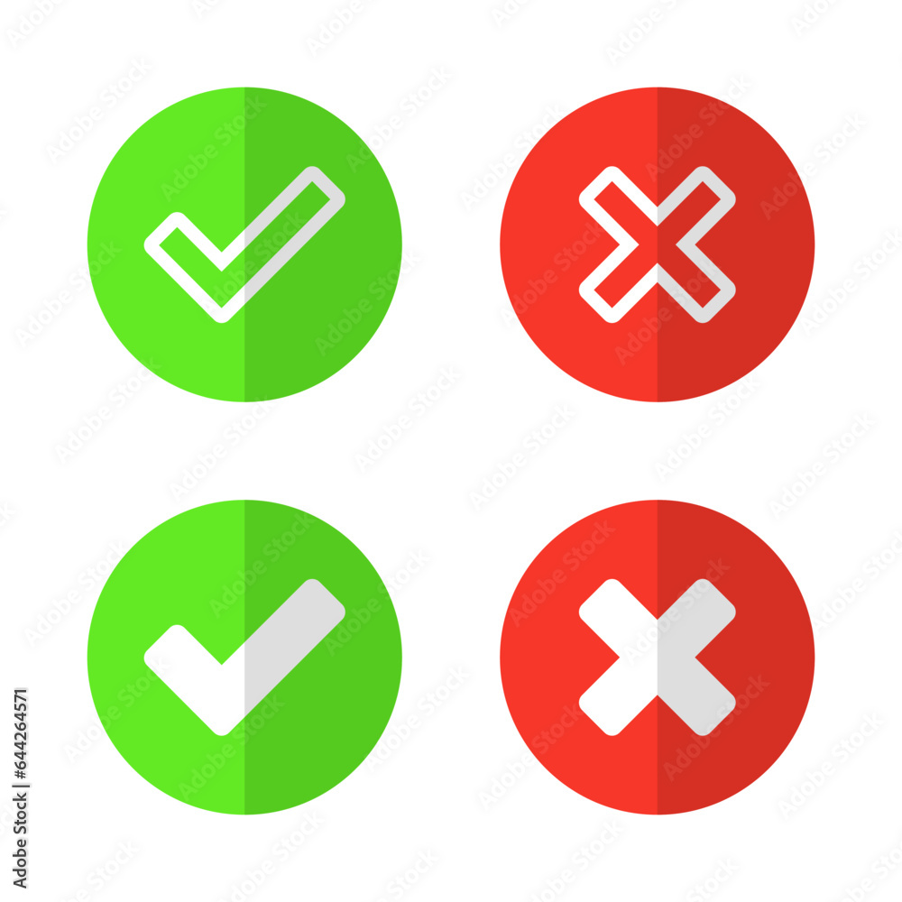 Check mark and x cross icon vector in circle. Approve and reject sign symbol Check mark and x cross icon vector in circle. Approve and reject sign symbol