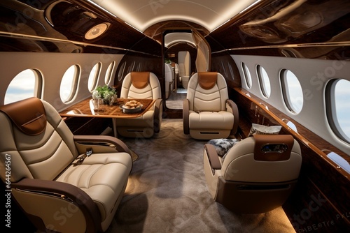 Luxurious private jet featuring plush leather seats, intricate wooden details, and sleek metal touches offers an opulent lifestyle. Generative AI
