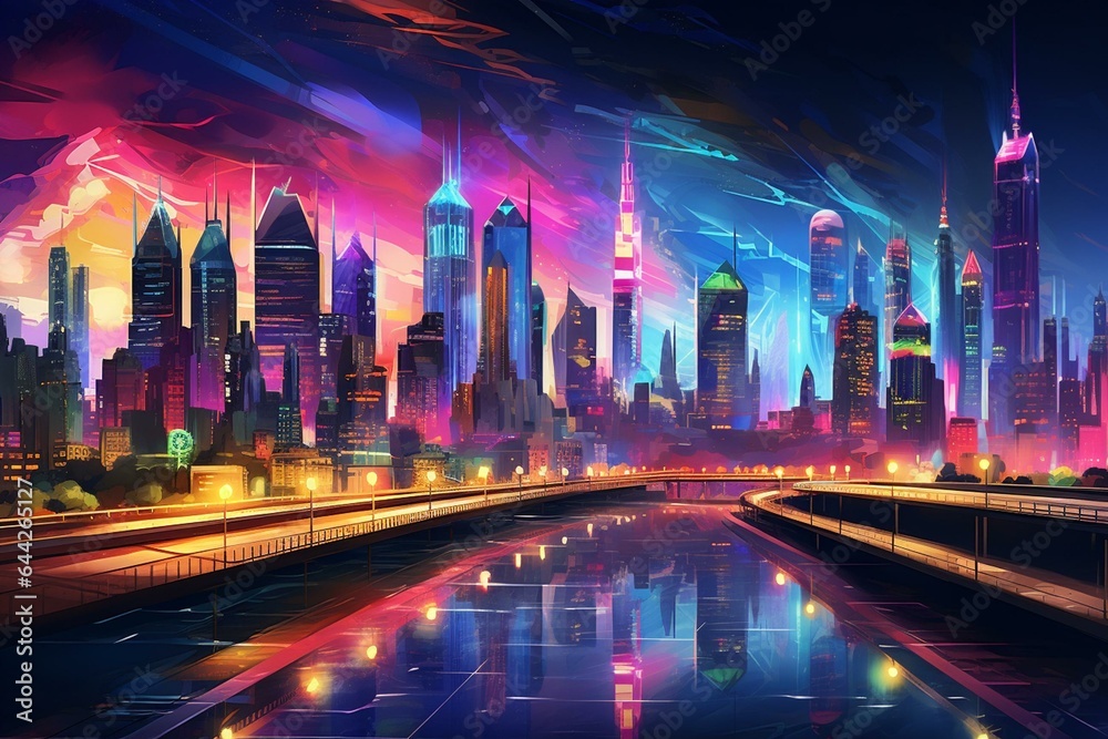 Vibrant cityscape with neon lights. Generative AI
