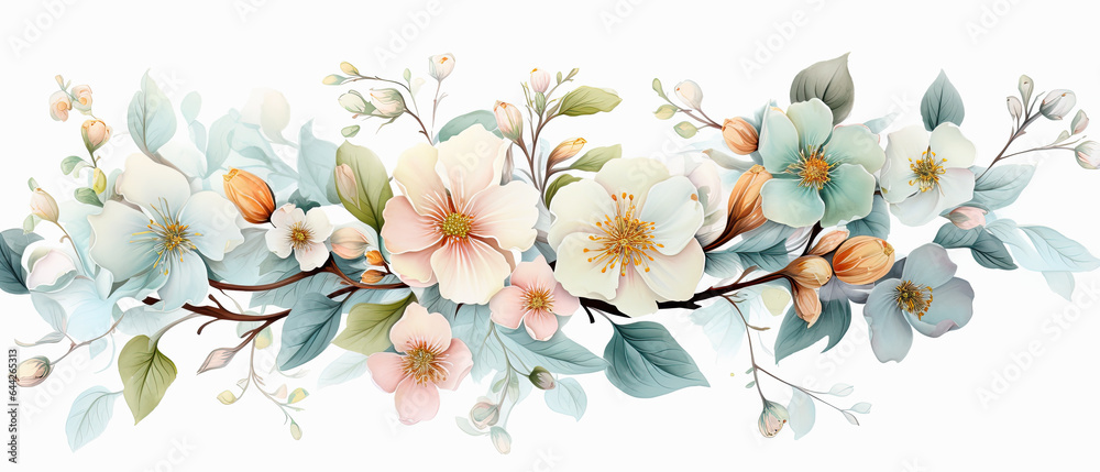 lamina de rama con flores y hojas otoñales sobre fondo blanco, en colores azul, rosa, naranja, blanco y verde  - obrazy, fototapety, plakaty 