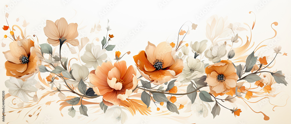 lamina de rama con flores y hojas otoñales sobre fondo blanco, en colores, gris, naranja, blanco, verde y rojo - obrazy, fototapety, plakaty 