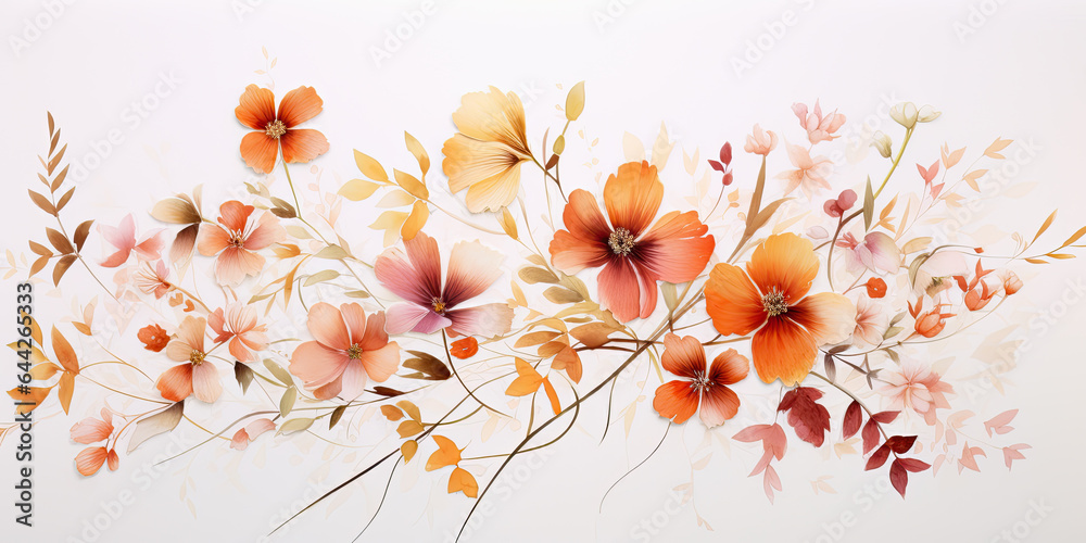 lamina de rama con flores y hojas otoñales sobre fondo blanco, en colores, gris, naranja, blanco, verde y rojo - obrazy, fototapety, plakaty 