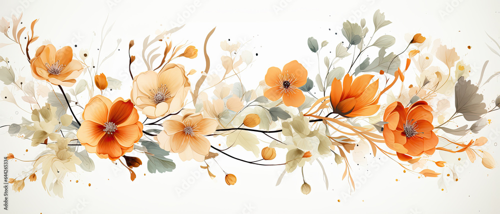 bonita acuarela con flores y hojas otoñales sobre fondo blanco, en colores, gris, naranja, blanco, verde y rojo. concepto de invitaciones y celebraciones