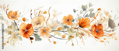 bonita acuarela con flores y hojas otoñales sobre fondo blanco, en colores, gris, naranja, blanco, verde y rojo. concepto de invitaciones y celebraciones