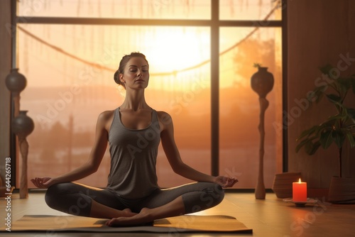 Beautiful woman doing yoga at sunset time in a studio