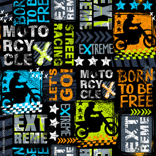 Abstract seamless grunge pattern for guys. Urban style modern background with boy on motorcycle. Sport extreme style creative wallpaper