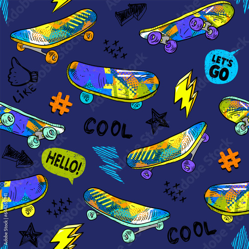 Abstract seamless grunge pattern for boys. Urban style modern background with skateboards. Cool style creative wallpaper for teenager