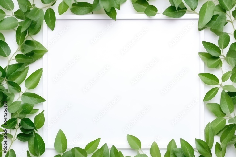 creative layout, green leaves with white square frame, flat lay, for advertising card or invitation.