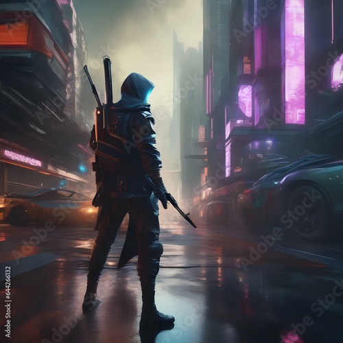 A cyberpunk ninja blending into a futuristic cityscape1 photo