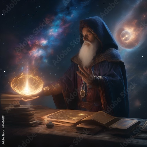 Fotografie, Obraz A cosmic sorcerer conjuring galaxies with arcane symbols2