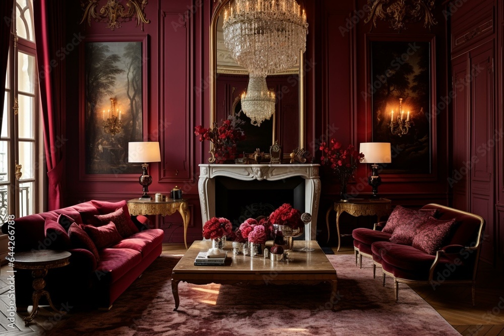 Elegant, opulent burgundy room with a contemporary Parisian touch. Generative AI