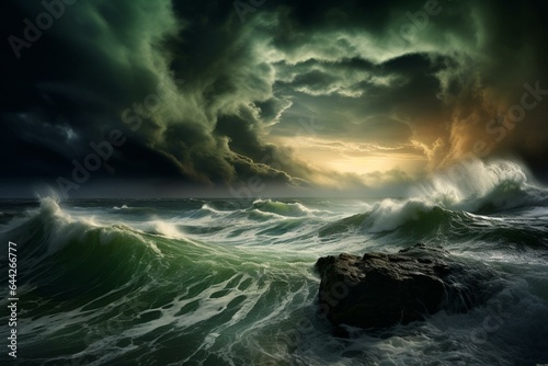 Scenic image of turbulent seascape, ominous sky. Modern artwork. Generative AI