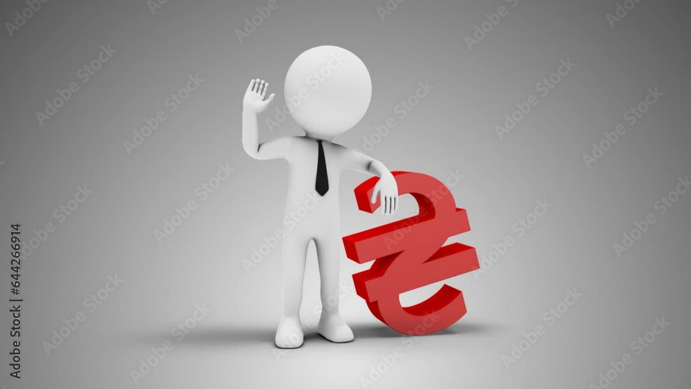 3D Man Waving Hand Leaned To Hryvnia Sign 3D Man Waving Hand Leaned To Hryvnia Sign