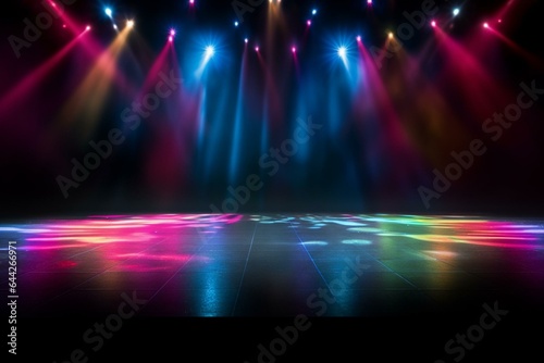 Colorful spotlight shines on dark stage floor for background and backdrop. Generative AI