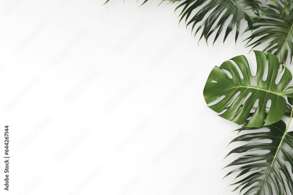 Banner of green tropical palm leaves Monstera on white background. Flat lay, top view.