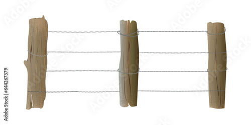 Wire fence on wood.Isolated fence post.Metal wire fence on old wooden log