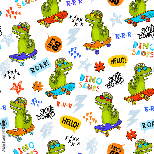 Grunge seamless pattern with cool dinosaur on background. Print for boys