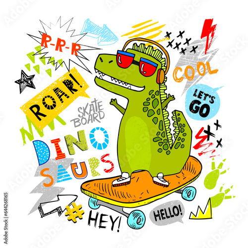 Illustration t-shirts with cool dinosaur on skateboard. Design for little boys